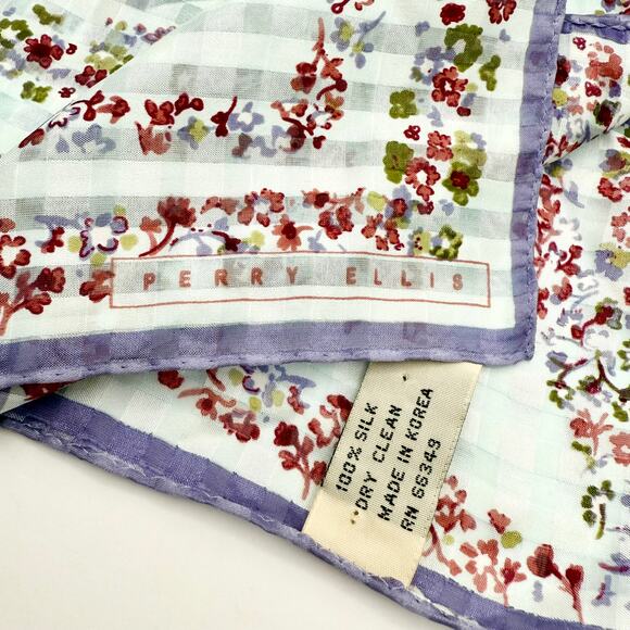 Vtg 1990s Perry Ellis 100% Silk Floral Gingham Scarf 20.5” Square Made in Korea - Picture 7 of 9